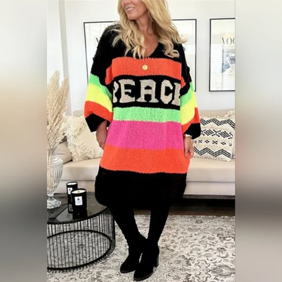 Peace Oversized Knit Sweater Dress Colorful Contrasting Long Sleeve Knee  Dress